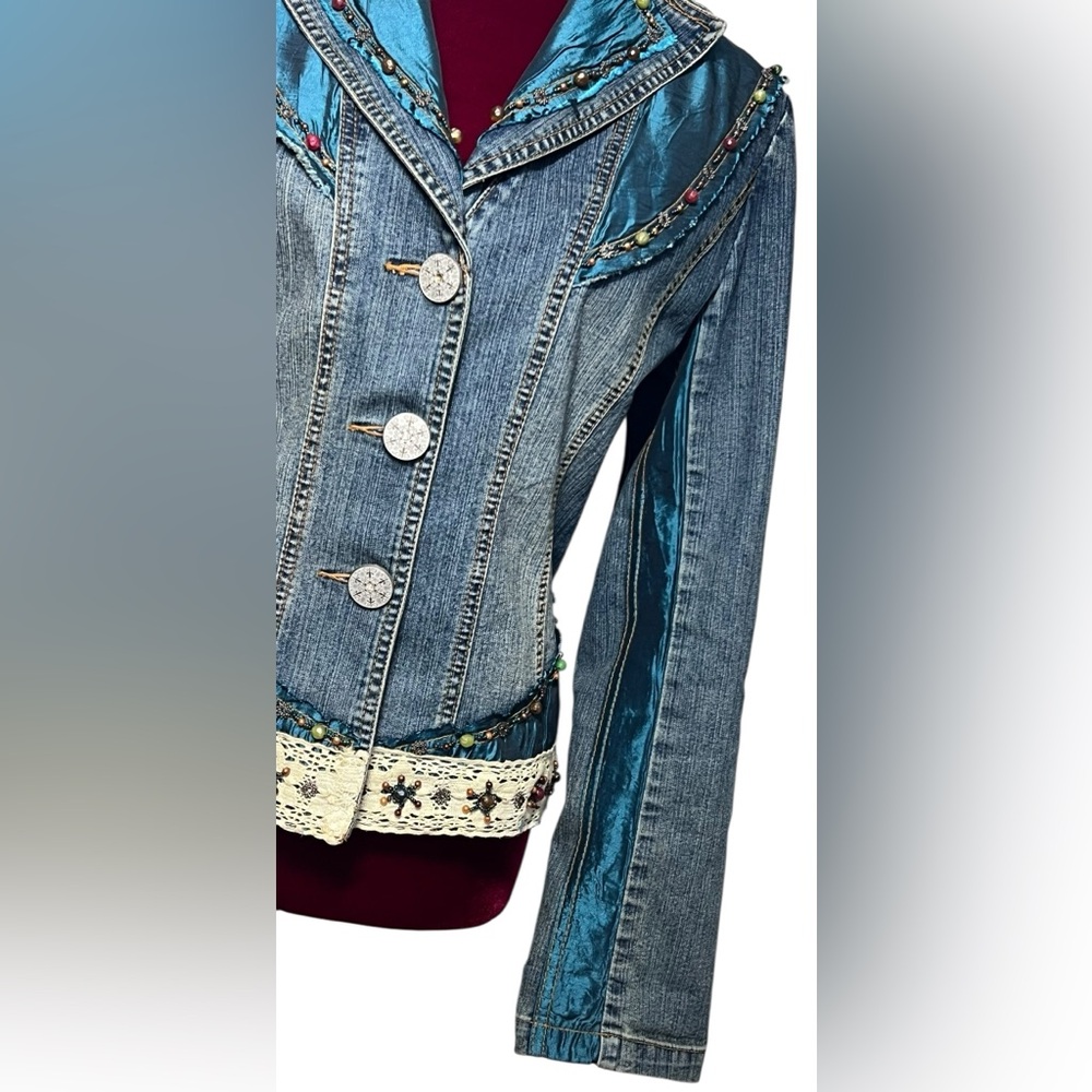 Y2K Cache Embellished Denim Jacket Sz 6 Beaded Lace Glam Boho Fairy Gypsy Boho - Picture 4 of 16